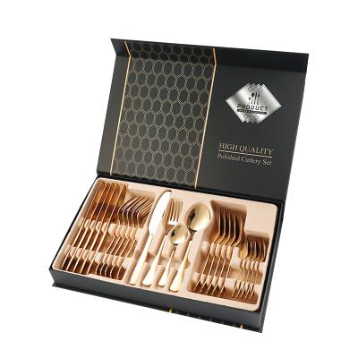 China Sustainable Cutlery Set Gold Spoon Set 24 Pieces With Case Travel Stainless Steel Flatware Kitchen Utensil for sale