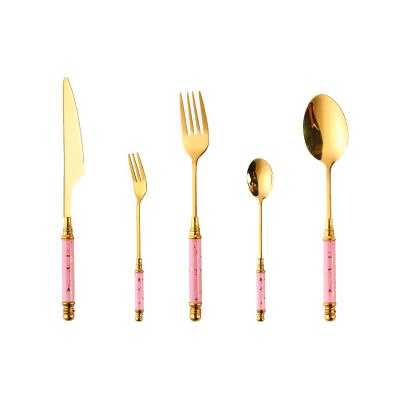 China Viable Luxury Flatware Set Stainless Steel Gold Fork Knife Cultery Ceramic Spoon Set For Wedding Utensils for sale