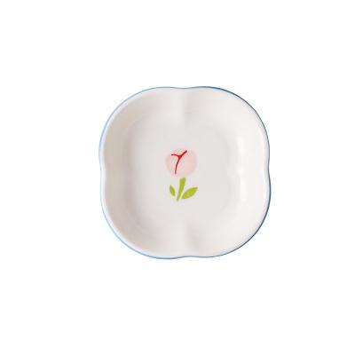 China Wholesale Stocked Tulip Pattern Nordic Style Ceramics Plate Multi Purpose Tableware With Gloss Color Underside Craft for sale