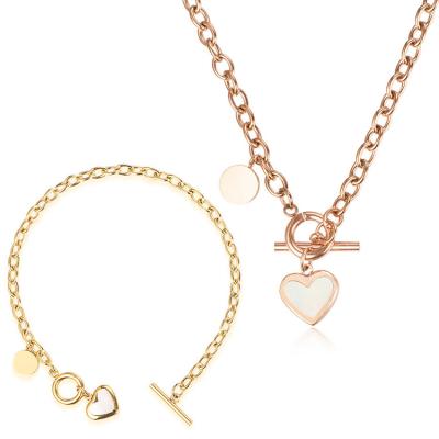 China TRENDY Custom 18K Gold Plated Stainless Steel Heart Charm Necklace Bracelet Women Jewelry Set for sale