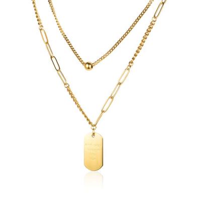 China Trendy Custom 18K Gold Plated Double Layer Stainless Engraved Letter Chain Necklace Pendant for sale