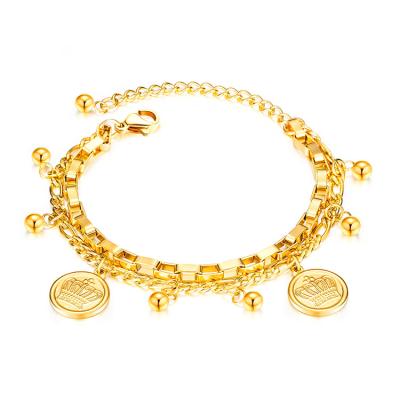 China TRENDY Women Fashion Crown Custom Charm Beaded 18K Gold Plated Stainless Steel Link Chain Bracelet for sale