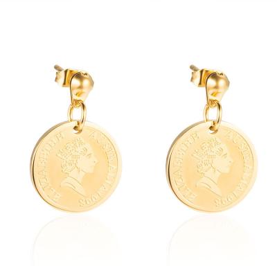 China Other Marlary Fashion Retro 18K Gold Plated Stainless Steel Coin Earrings Elizabeth Queen Head Stud Gold for sale