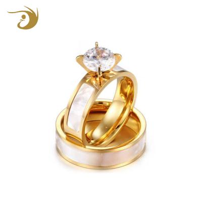 China CLASSIC Wedding Ring Set For Couples, Stainless Steel Ring Sets With Gold Color Zircon for sale