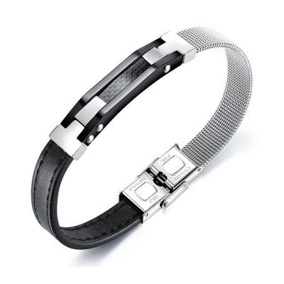 China TRENDY Carbon Fiber Design Fashion New Arrival Stainless Steel Mesh Black Men Leather Bracelet for sale