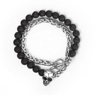 China FASHIONABLE Wholesale Mens Stainless Steel Skull Charm Handmade Link Chain Double Layered Beaded Bracelet for sale