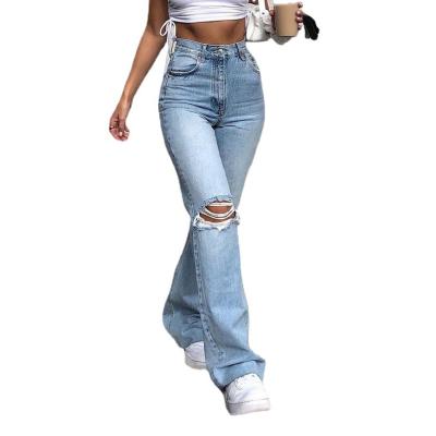 China Sustainable Womens Spring Ripped Casual Pants Denim Blue Pantalones Womens Flare Wide Leg Jeans Pants for sale