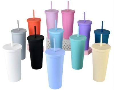 China Viable Double Wall Matte Plastic Tumblers Pastel Colored Acrylic Cups With Lids And Straws for sale