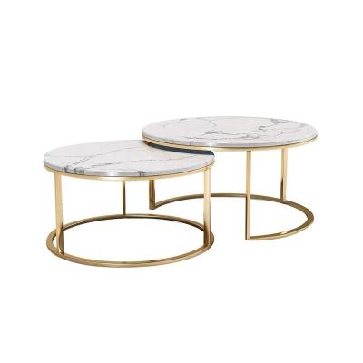 China Modern hot sale wholesalers factory directly supply 2pc package in faux round 21inch marble and gold nesting coffee tables for sale