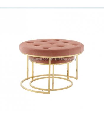 China Hot Sale Modern Chic Dusty Rose Gold Living Room Decor Luxury Velvet Round Embellished Coffee Table 2pc Stool for sale