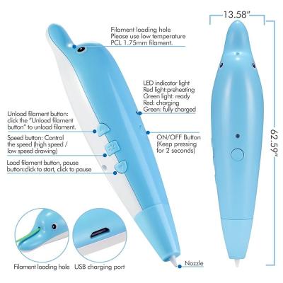 China 2021 new low temperature 3d pen wireless dolphin 3d drawing pen for kids gift pcl 3d printing safe low temperature pen for sale