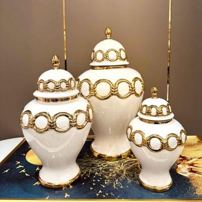 China European style Hot Sale Nordic Modern Gold and White Ceramic Vase Luxury Decorative Ginger Jars for sale