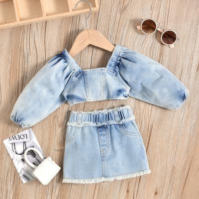 China Breathable 2PCS Toddler Girls Autumn Clothes Set Long Puff Sleeve Denim Crop Tops Skirt Set Fashion Baby Outfits Set for sale