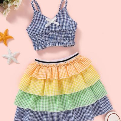 China 2021 Baby Breathable Plaid Clothes Summer Casual Toddler Set Girl Outfits Vest Plaid Tops Tutu Skirts Set for sale