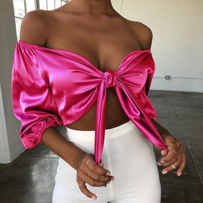 China Sexy Ladies QUICK DRY QUICK DRY Blouses Designer Solid Cropped Top Half Sleeve Off Shoulder Lady Tie Satin Casual Crop Top Shorts Bow Blouse Tops for sale