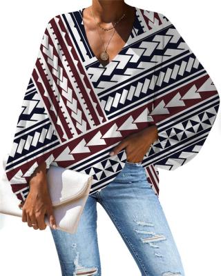 China Hot Sellers Anti Pilling Pattern Chiffon Blouses Custom Anti Pilling Polynesian Tribal Ladies Printing Your Design V-Neck Long Sleeves Women Chiffon Shirt for sale