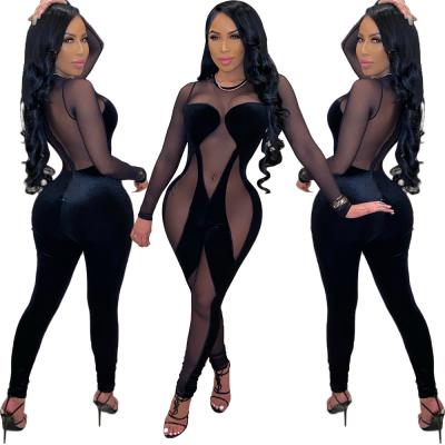 China Custom Print Quilting Anti-Static Women Anti-Static Mesh One Piece Jumpsuit Pure Sexy Velvet Overalls Nightclub Wear for sale