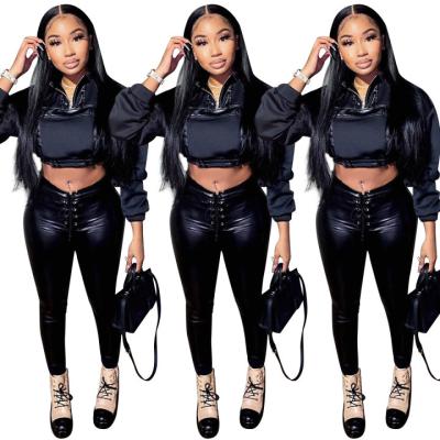 China Breathable Breathable Clothes For Women Outfits Winter Drop Women PU Leather Two Piece Set Push Up Long Pants Collar Sweatshirt Crop Top Streetwear for sale