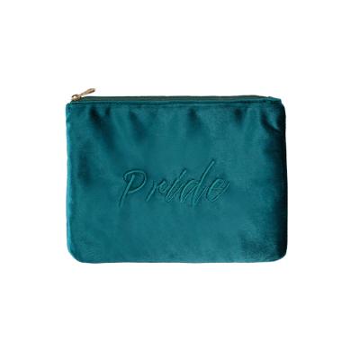 China Soft Velvet Purse Teal Velvet Bag Luxury Velvet Makeup Cosmetic Pouch With Embroidered Logo for sale