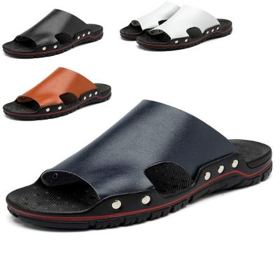 China Fashion Trend Summer Fashion Custom Made High Quality Mens Rubber Sole Leather Upper Sliders Beach Outdoor Slippers for sale