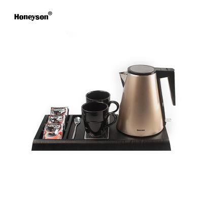 China 304 Stainless Steel Hotel Amenities Supplier Electric Plastic Kettle 1.2L with Melamine Tray Set for sale