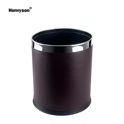 China Sustainable Honeyson 10L Hotel Room Round Stainless Steel Leather Waste Dust Bin for sale