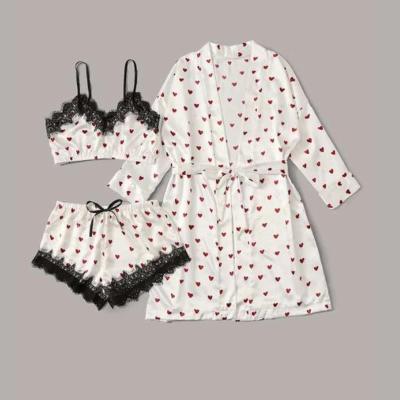 China QUICK DRY Women's Peach Satin Heart Print Lace Home Wear Three-point Home Suit Loosen Women's NightgownWomen's Pajamas for sale