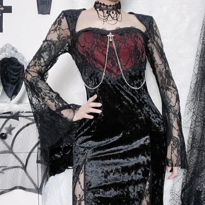 China CF22166 Vintage Sexy Black Lace Washable Long Sleeve Ladies Dress Black Draped Bodycon Goth Dresses For Women for sale