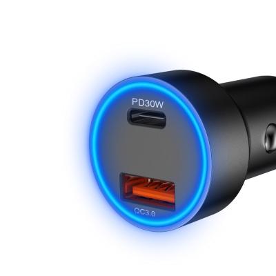 China Mobile Phone Car Charger PD 30W Usb Charger Dual Port Car With Blue Led Car Charger For iPhone 13 for sale