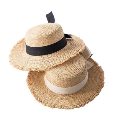 China Korean version of the elegant flat-top raffia straw hat women's summer small fresh bow holiday beach big brim hat for sale