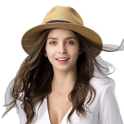 China Foldable Roll Up Floppy Beach Boater Ladies Summer Sun Panama Hat Oversize Large Wide Decorative Rope Panama Straw Hat for sale