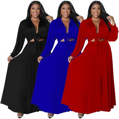 China Hot sale fat woman plus size women's solid color cotton tied long sleeves top large swing skirt two-piece long dress for sale