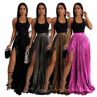 China Women Elegant Frenchy Long A Skirt Knitted Solid Color High Waist Ruched Slit Basics Floor-Length Skirt for sale