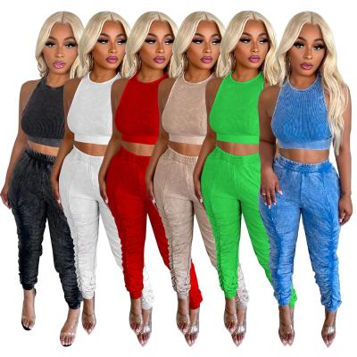 China Sleeveless Washed Crop Top Wrinkled Trousers Solid Casual Suit Fashionable Jogger Yoga Fitness Active Two-piece Women Knit Set for sale