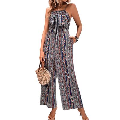 China Summer Patchwork Print Wrap Ethnic Style Suspender Wide Leg Loose Indie Folk Casual Jumpsuit Women for sale