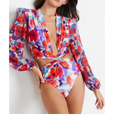 China One-piece swimsuit sexy hollow long-sleeved printed woman Beach swimsuit for sale