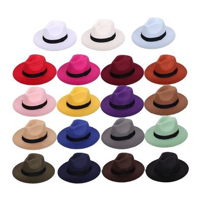 China Black Ribbon multi-color soft felt hat Party travel gentleman top hat big brim woolen fedora hat for sale