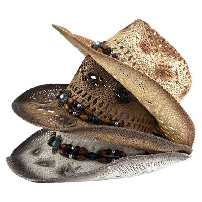 China Wind proof rope breathable beaded strap straw hat men's outdoor Knight hollow Western cowboy hat for sale