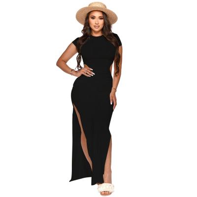 China Holiday Casual Dresses Fashion Double Slit Sexy Cutout Maxi Ribbed Dresses Summer Trending Elegant Dresses For Ladies Women for sale