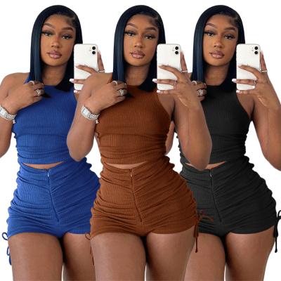 China Women Boutique Clothing Sets Cotton Gymwear Casual Crop Tops Pants Sets Women Fashionable Apparel Stock Fitness Pleated Sets for sale