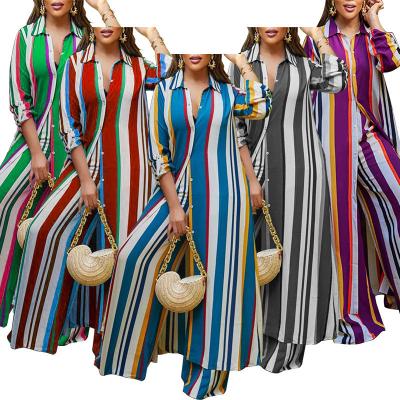 China Fall 2023 Women Clothes New Design Two Piece Sets Lady Elegant Long-sleeved Tops Blouse And Wide-leg Pants Striped Plus Size Set for sale