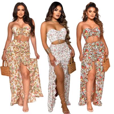 China Summer Women Clothing Holiday Printed Flowers Dresses Women Lady Elegant Two-piece Wrap-chest Casual Dress For Vacation for sale