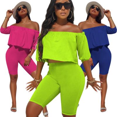 China Casual Sexy Off-the-shoulder Solid Color Short-sleeved T shirt Shorts Women Short Sports Two-piece Suit for sale