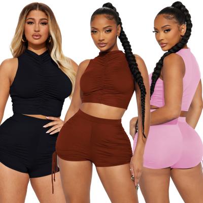 China Casual Pleated Solid Color Sleeveless Crop Top And Tassel Shorts Y2K Two-piece Set Sexy Summer Outfits Sets For Women Ladies for sale