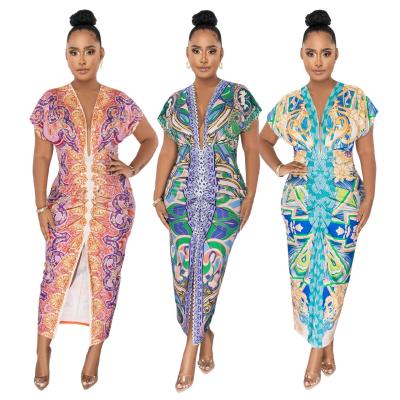 China New Arrivals Printed V-neck ethnic style slit positioning pleated long dress for sale