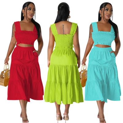 China Summer Dress Strappy Square Neck Short Top And Long Sunskirt Solid Color Vacation Clothes Elegant Two-piece Sets For Women Lady for sale