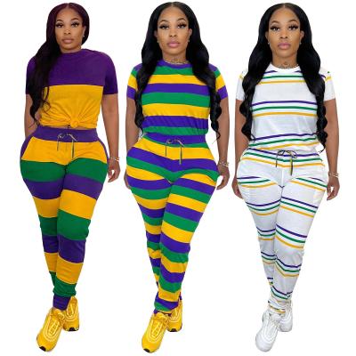 China Guangzhou factory women's cotton sweat-absorbent striped positioning printed round neck short sleeve trousers two-piece set for sale