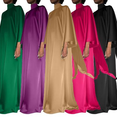 China High Collar Three Quarter Sleeves Loose  Satin Solid Color Dress Muslim Clothing African Middle Eastern Islamic Abaya For Women for sale