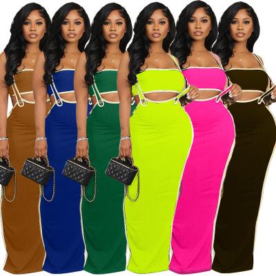 China Strap Tube Tank Top Sleeveless Slit Bodycon Maxi Skirt Casual Sexy Summer Women's Two-piece Set for sale