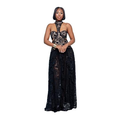 China High Quality Black Color Sleeveless Backless Halterneck Lace See-through Sexy Dress For Ladies Wedding Evening Party for sale